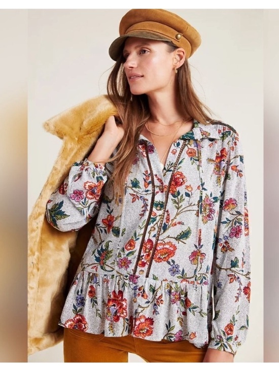Anthripologie Mauve Tops - Floral Peplum Blouse in White with Multicolor Blooms